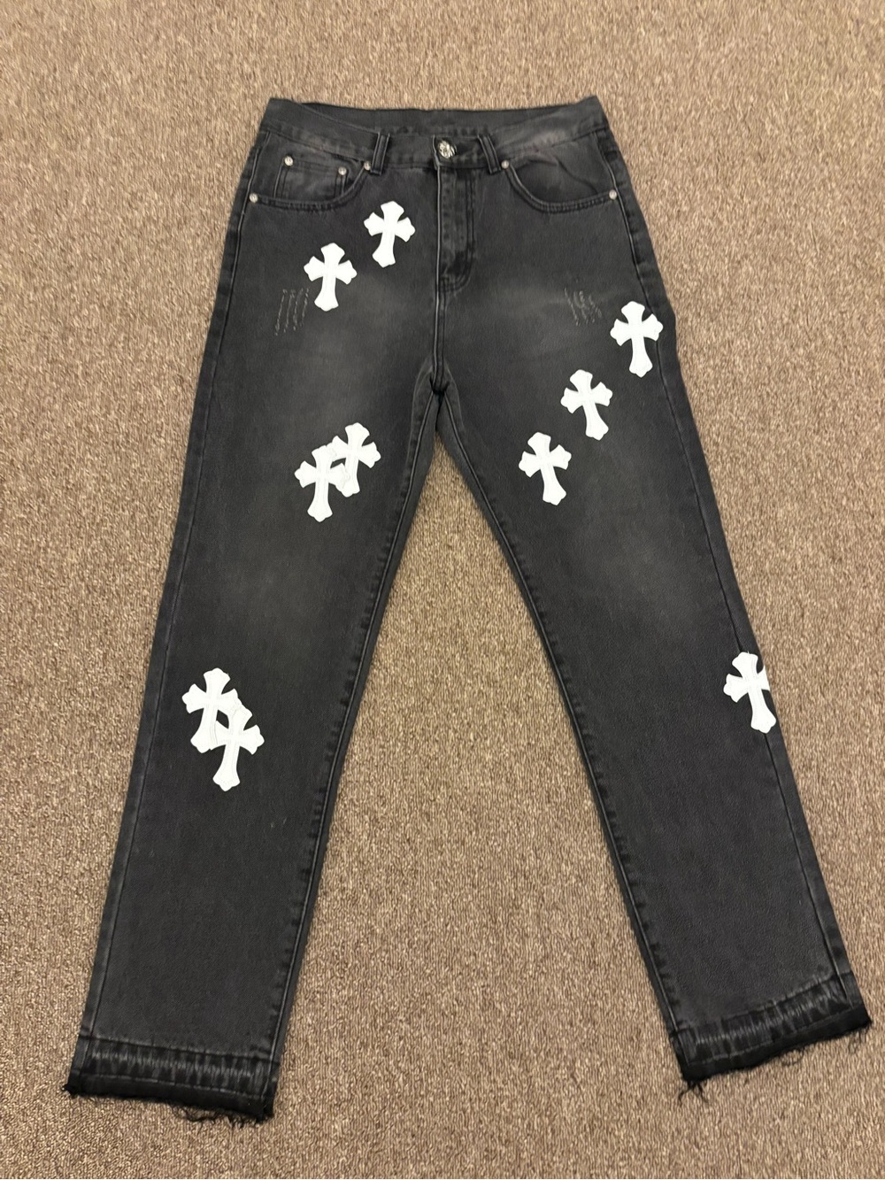 Chrome Hearts Black Straight Jeans with White Cross Appliqués